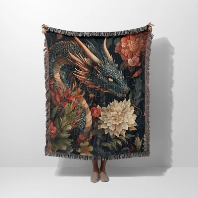 Dragon in Flowers Woven Throw Blanket, Fantasy Reading Gifts, Gaming Blanket - Image 1 of 3