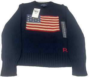 NWT Polo Ralph Lauren Boys Navy Blue AMERICAN FLAG Knit Sweater size 7 Small