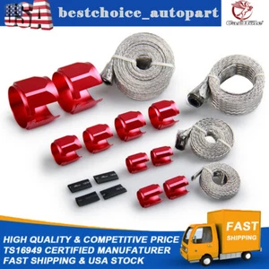 Stainless Steel Braided Engine Hose Line Pipe & Sleeve Sleeving Kit Caps RED - Picture 1 of 13