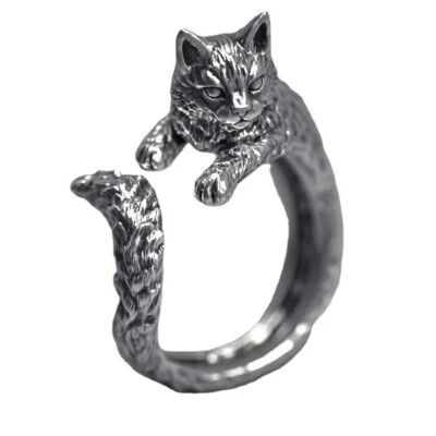 Vintage Black Cat Ring Adjustable Tail Design Open Band Distressed Style for Men - Image 1 of 4