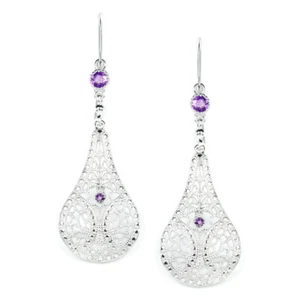 AMETHYST FILIGREE EARRINGS STERLING SILVER DANGLE TEARDROP VINTAGE STYLE PURPLE - Picture 1 of 1