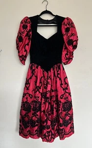 Vintage Gunne Sax Red Satin Midi Formal Dress Black Velvet Puff S Floral Prom - Picture 1 of 11