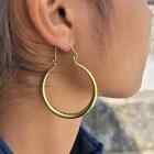 Large Tribal Ethnic Celine Design Earrings Brass Gold Plated Moon Hoops Pp272