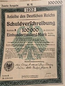1922 Germany Wemar Republic 100,000 Mark Bond Schuldverfchreibung - - Picture 1 of 2