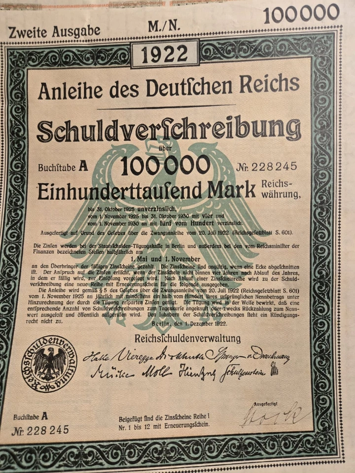 1922 Alemania República Wemar 100.000 marcos bonos licitación de deuda -  Foto 1 de 2