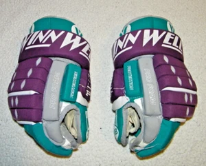 VINTAGE WINNWELL PRO 9 ADULT SHORT CUFF HOCKEY GLOVES ANAHEIM MIGHTY DUCKS COLOR - Picture 1 of 8
