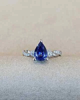 1.80Ct Pear Natural Sapphire Diamond Wedding Ring 14K Solid White Gold 7.5 8 - Image 1 of 4