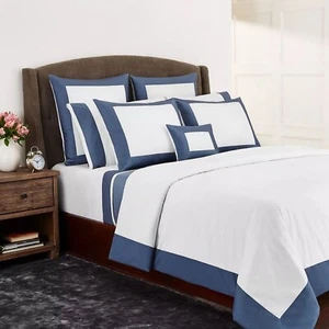 Sferra Casida White King Duvet Blue Border Reverses Solid Blue Percale Italy NEW - Picture 1 of 8