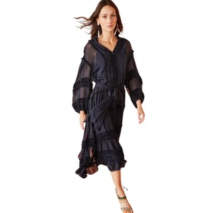 Ulla Johnson Althea Kleid Midi Rüschen Langarm Mitternachtsblau Größe 4 - Bild 1 von 9