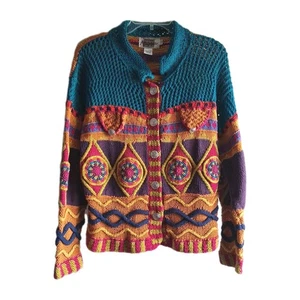 Vintage handgestrickt bunt Strickjacke Pullover blau orange lila 80er 90er Y2K  - Bild 1 von 8