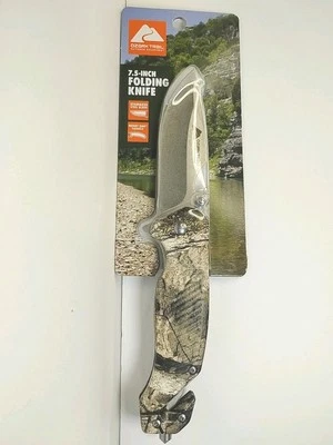 Ozark Trail Camo Mossy Oak 7.5” Folding Knife Pocket Clip Glass Breaker Belt Cut - Image 1 of 4