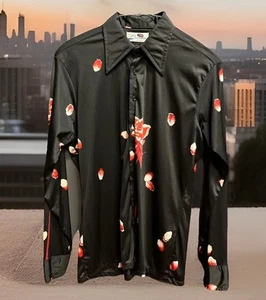 Vintage Burma Herren Blumen Hemd Button Down spitzer Kragen schwarz rot Rosen Disco Gr. L - Bild 1 von 11