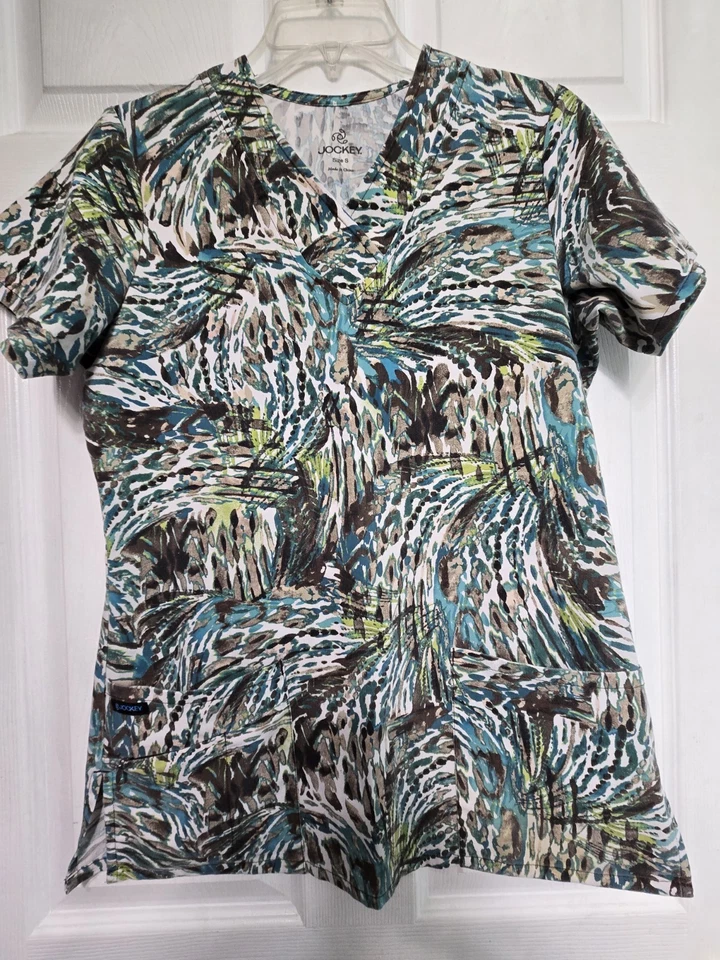 JOCKEY Scrub Top Size S-Green/Aqua Camo V-Neck-Chest 20"/L 27" - Image 1 of 4