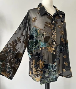 Dreamkeeper Black Gold Blue Devore Velvet Kimono Peplum Blouse Jacket PLUS - Picture 1 of 24