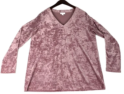 J Jill Pequeño Terciopelo Aplastado Rubor Rosa Manga Larga Cuello en V Top Fiesta de Vacaciones Foto 1 de 4