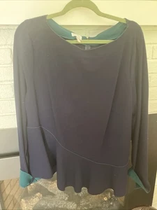 Escada Sport Sz 46 Navy Blue & Green, Asymmetrical Hem Blouse Tunic Top - Picture 1 of 12