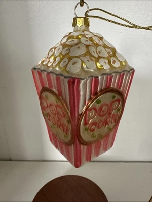 Cubo de palomitas de maíz de vidrio para cine pintado a mano adorno de Navidad usado en excelente estado Foto 1 de 4
