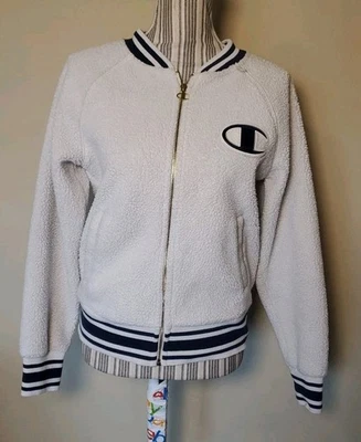 Champion sherpa varsity jacket Women S Off- White Crop Logo Ribbed Trim Full Zip - Image 1 of 4