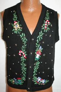 Victoria Jones Beaded Christmas Button Sweater Vest Womens Petite M UGLY TACKY - Picture 1 of 5