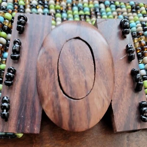 Handcrafted Woven Multicolor Bead Elastic Wide Stretch Belt Wood Buckle 32"  - Picture 1 of 8