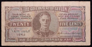 Ceilán 25 centavos 1942 P-44 (SLIB-014-L0609) - Imagen 1 de 2