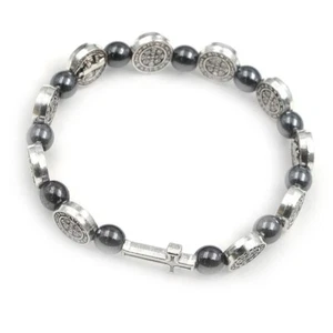 Saint St Benedict Medal Cross Hematite Beads Rosary Bracelet Healing Protection - Picture 1 of 9
