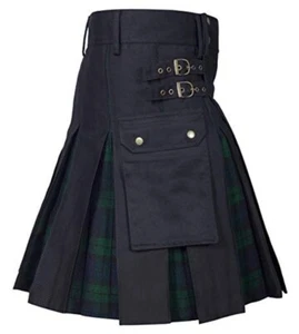 Scottish Men 100% Cotton Fashion Black & Black Watch Tartan Hybrid Kilt Men - Picture 1 of 2
