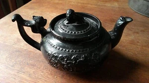 Antique Black Basalt Teapot with Dog's Head Handle & Lion Cap - Picture 1 of 8