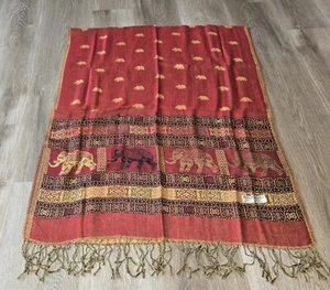 Ladies scarf 100% Silk & Cashmere from Thailand Red Gold Elephants Bohemian - Picture 1 of 5