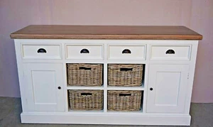SHEBA HAMPTONS SIDEBOARD/BUFFET WHITE/NATURAL 2 DOORS 4-DRAWERS 4 BASKETS160CM - Picture 1 of 1