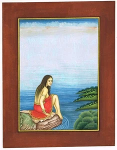 Painting Of Semi Nudes Nayika Sitting Into The Side Of River 10.5x13.5 Inches - Picture 1 of 6