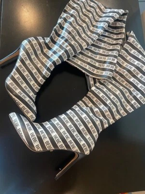 NUEVA Bota Sobre la Rodilla Bebe Talla 8.5 4" Stiletto Negro Blanco Contraste Marca Foto 1 de 4