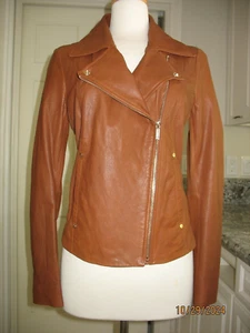KARL LAGERFELD PARIS COGNAC COLOR MOTO LEATHER JACKET - SIZE SMALL - Picture 1 of 7