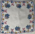 Vintage 14? Blue, Pink Yellow Flower And Ribbon Border White Linen Handkerchief