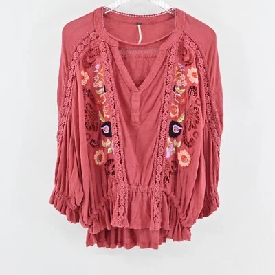 FREE PEOPLE Top Womens Sz XS Sarafina Embroidered Top Sangria Combo Pink Boho - Image 1 of 4