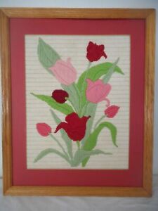 Vintage Framed Floral Tulips Pink Red Art Work Crewel Needlework Estate Find