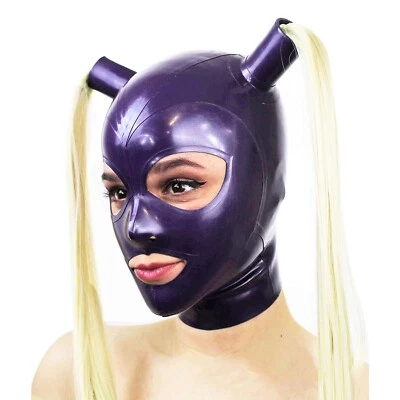 Metallic Purple Latex Hood with Wig Rubber Mask for Catsuit Clubwear Masquerade - Image 1 of 4