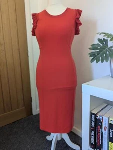 Michael Kors Women’s Size 10 Red Bodycon Midi Dress Ruffle Sleeves - Picture 1 of 8