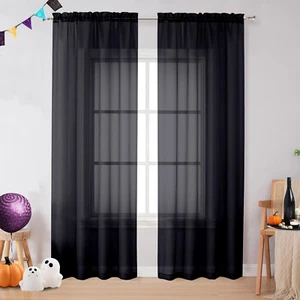 Black Sheer Curtains 84 Inches Long 2 Panel Sets, Solid Color Lightweight Voile - Picture 1 of 9