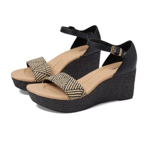 Clarks Rose Ease Wedge Sandals - Black Woven Ankle Strap - Size 9.5W - Picture 1 of 7