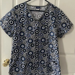 Liberty Scubs Adult Sz Lg Scrub Top White With Blue Grey White Black Polka-dots - Picture 1 of 4
