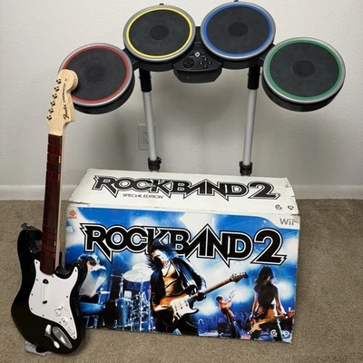 Nintendo Wii Rock Band 2 Special Edition Drum Kit & Guitar w/ Box Untested - Image 1 of 4