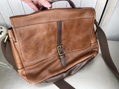 Fossil Evan Leather Commuter Bag Messenger Strap Brown Multi Pocket - Image 1 of 4
