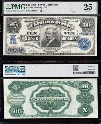 VERY NICE *RARE* Bold & Crisp VF+ 1908 $10 "TOMBSTONE" Silver Cert.! PMG 25! - Image 1 of 3