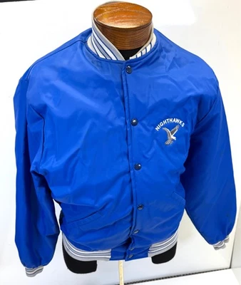 Howe Apparel Satin Bomber Jacket Blue Nightawks Emblem Size L Made USA VTG - Image 1 of 4