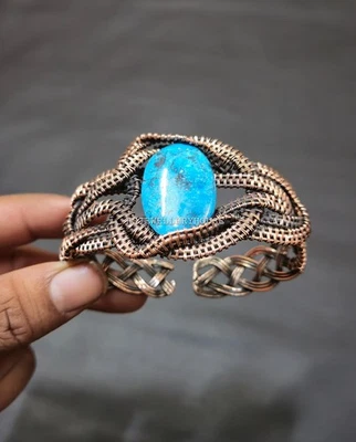 Браслет-манжета из тибетской бирюзы меди обернутый в медную проволоку бирюзовый браслет - Изображение 1 из 4