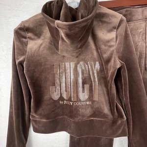 Chándal Juicy Couture Marrón Terciopelo Pequeño Logo Dorado Sudadera con Capucha y Pantalones Bling - Imagen 1 de 15
