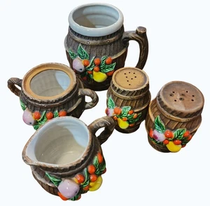Vtg 5-Piece Fruit Barrel Lego Ceramic Set w Creamer Sugar Bowl Mug Salt & Pepper - Picture 1 of 11