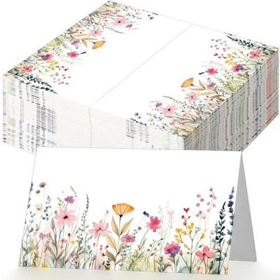 100 Pcs Floral Place Cards 3.5" x 2" Wildflower Tented Name Cards Blank Table... - Image 1 of 4