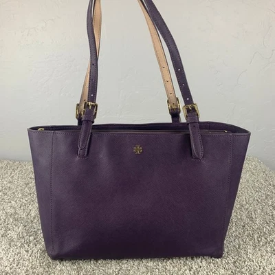 Tory Burch Leather York Buckle Tote Women's Purple Luxury Gold Tone Hardware - Image 1 of 4